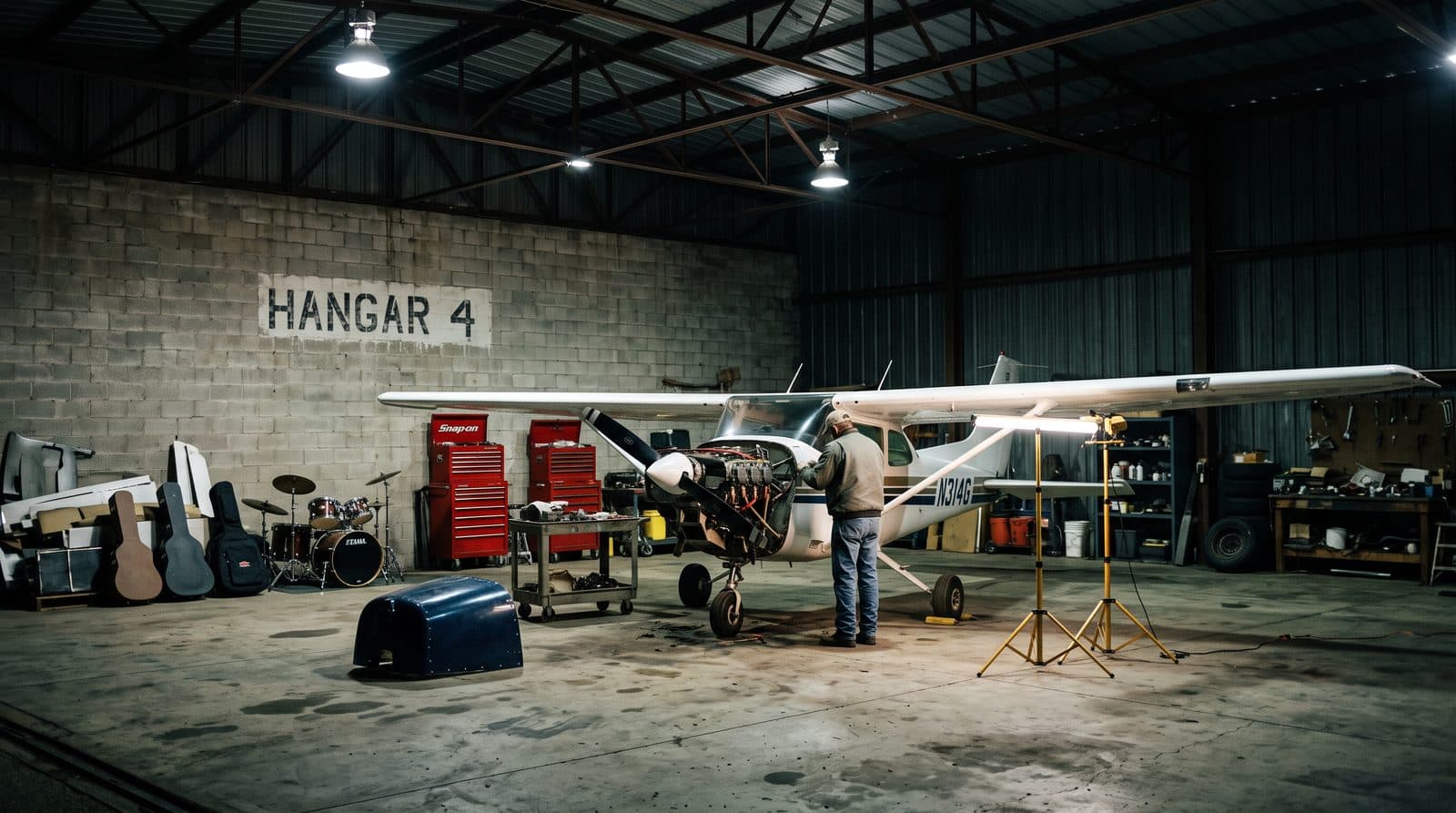 Hangar 4 at night with a Cessna inside